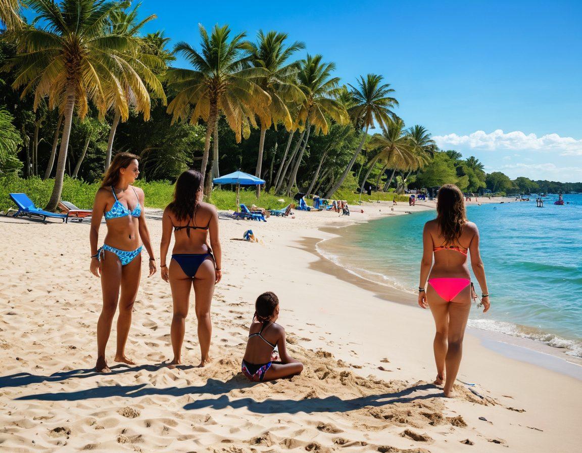 A vibrant summer scene at Batavia's beach, showcasing a diverse group of families enjoying the sun and sand. Focus on colorful bikinis in trending styles as individuals swim, play beach volleyball, and build sandcastles. Lush palm trees sway in the background, with clear blue water and a bright sun overhead. Capture the essence of joy, relaxation, and adventure. photorealistic. bright colors. summer vibe.