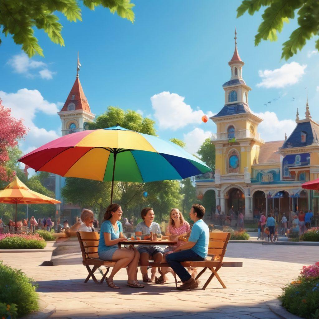 A vibrant family enjoying a sunny day in Batavia, surrounded by top attractions like amusement parks, gardens, and picnic areas. Children laughing and playing while parents relax under a colorful umbrella, with iconic Batavia landmarks in the background. Bright blue skies and warm sunshine enhance the cheerful atmosphere. super-realistic. vibrant colors. 3D.