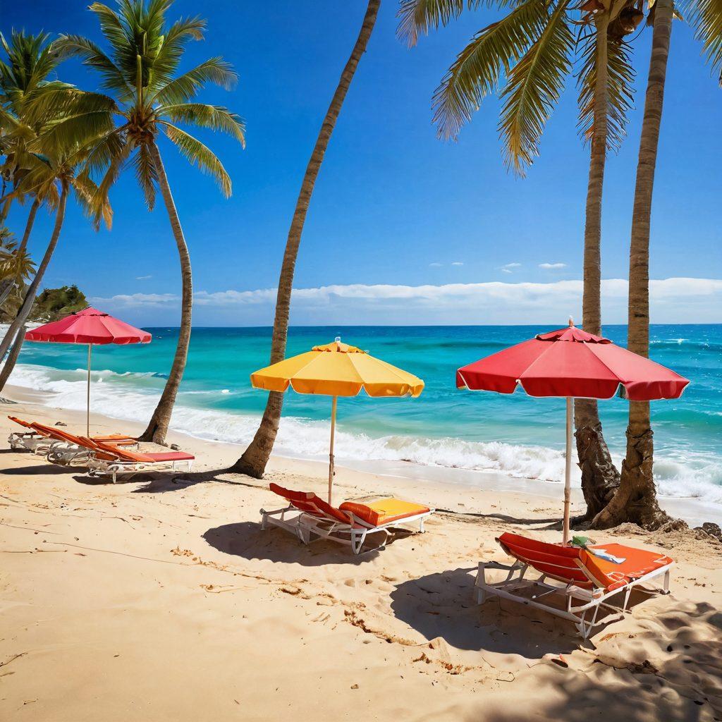 A picturesque beach scene featuring colorful, stylish bikinis draped on a sun-kissed sandy shore, with vibrant beach umbrellas fluttering in the gentle breeze. Include cheerful sunbathers and adventurous surfers enjoying the waves under a bright blue sky. Waves crashing gently and palm trees swaying in the background enhance the summery vibe. Focus on sunlight reflecting off the water and playful elements of summer fun. vibrant colors. super-realistic.